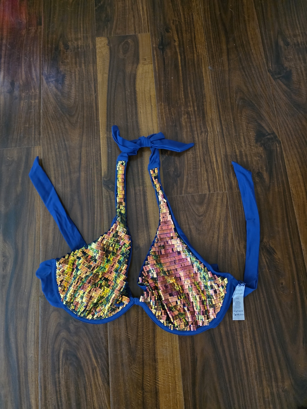 VENUS NEW Never Worn Blue Halter Bikini Top with Multicolor Sequins